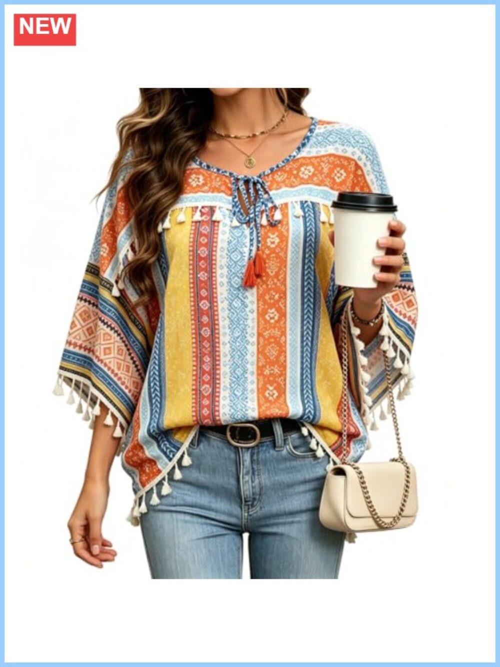 Boho Striped Tassel Tie Bell Sleeve Tunic Blouse Cotton Poplin